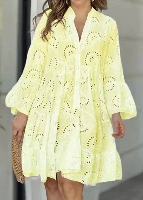 White Long Lace Holiday Neck Out Hollow French Dress V Fall