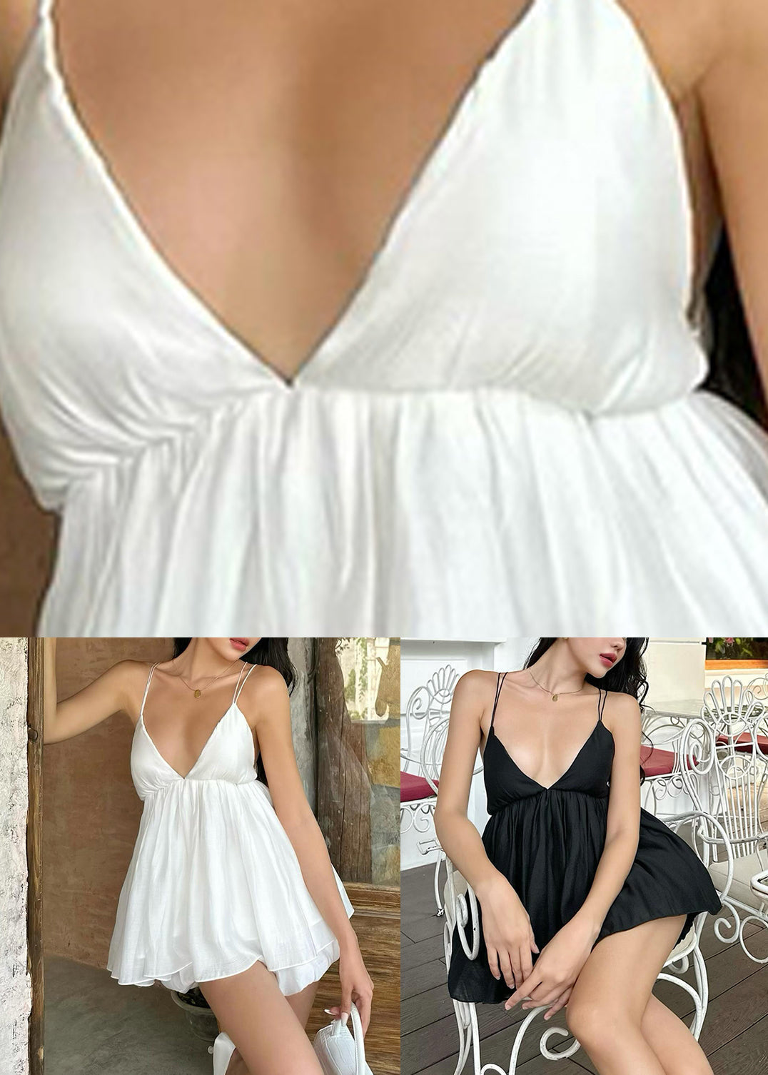 Strap Neck Mid White Spaghetti Sleeveless Patchwork V French