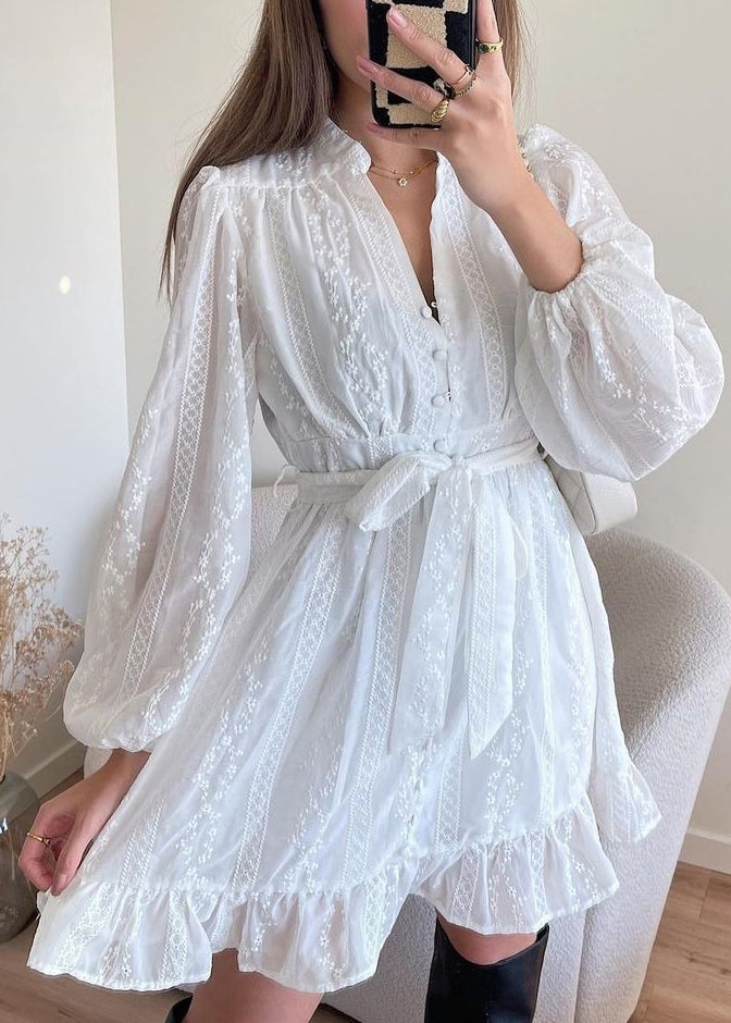 French White V Neck Ruffled Tie Waist Cotton Dress Fall QR008