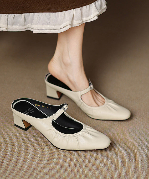 Beige Splicing Wrinkled Heel Sheepskin Chunky French