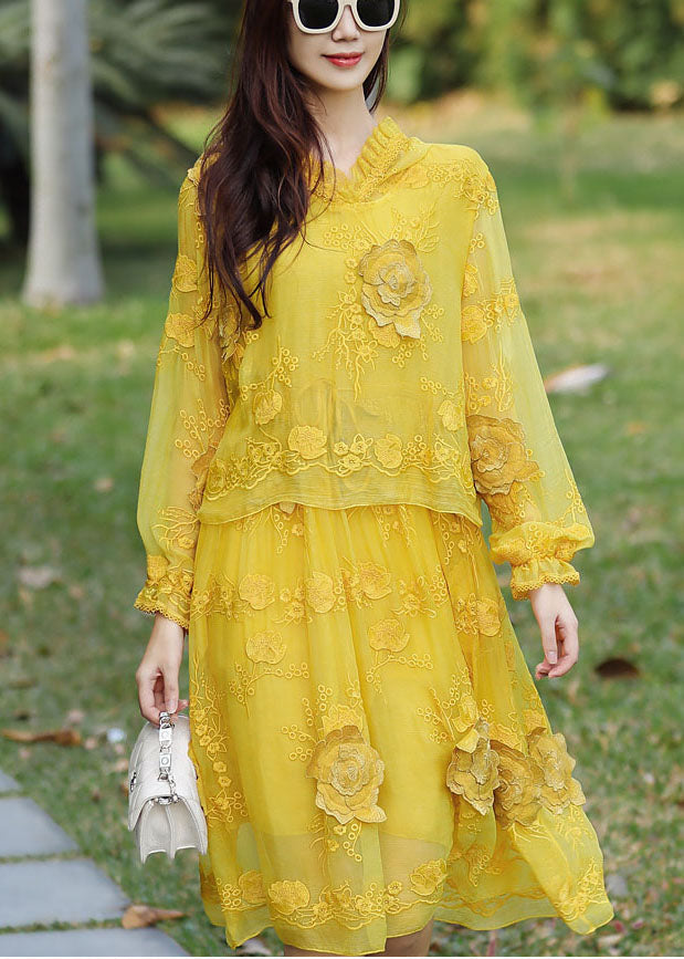 French Yellow Embroidered Patchwork Silk Hooded Dresses Summer YY015