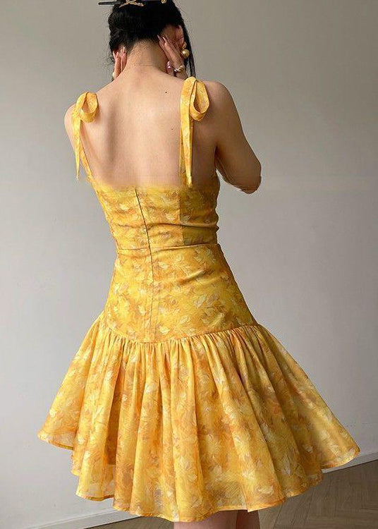 French Yellow Embroidered Slim Fit Strap Dresses Summer EE1001