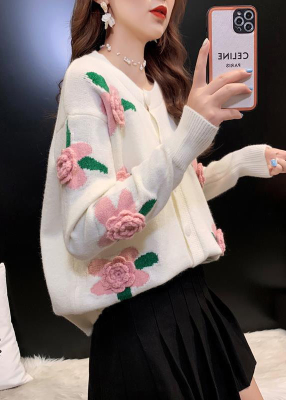 French Yellow O Neck Floral Button Knit Loose Coat Spring TN051