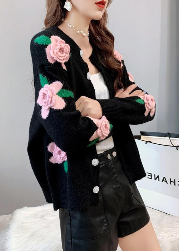 French Yellow O Neck Floral Button Knit Loose Coat Spring TN051