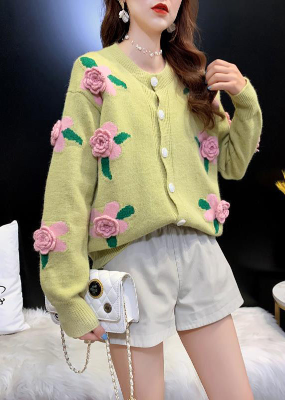 French Yellow O Neck Floral Button Knit Loose Coat Spring TN051