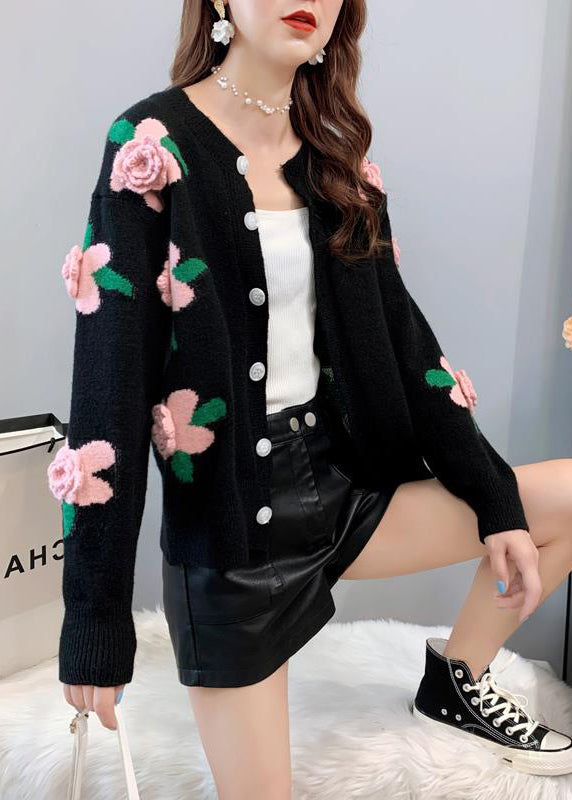 French Yellow O Neck Floral Button Knit Loose Coat Spring TN051