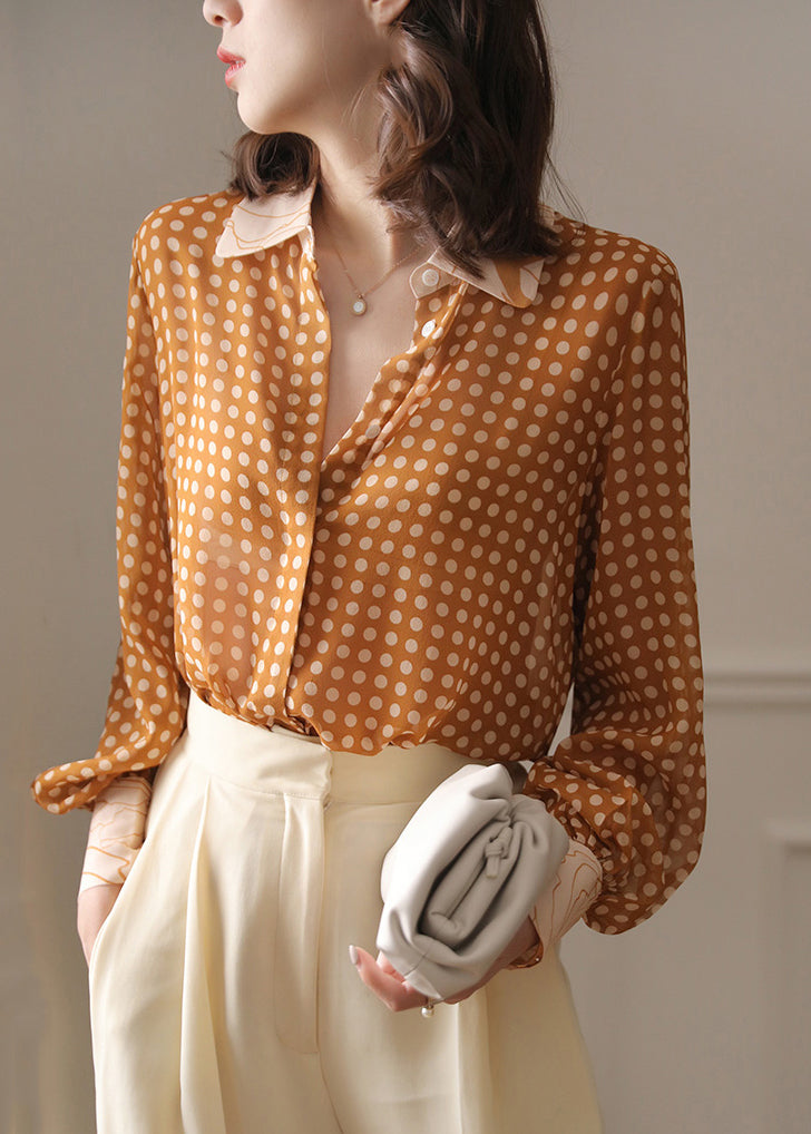 French Yellow Peter Pan Collar Dot Chiffon Blouse Spring Ada Fashion