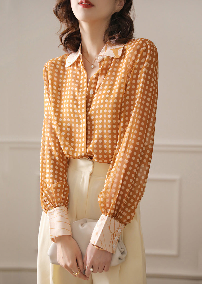 French Yellow Peter Pan Collar Dot Chiffon Blouse Spring Ada Fashion