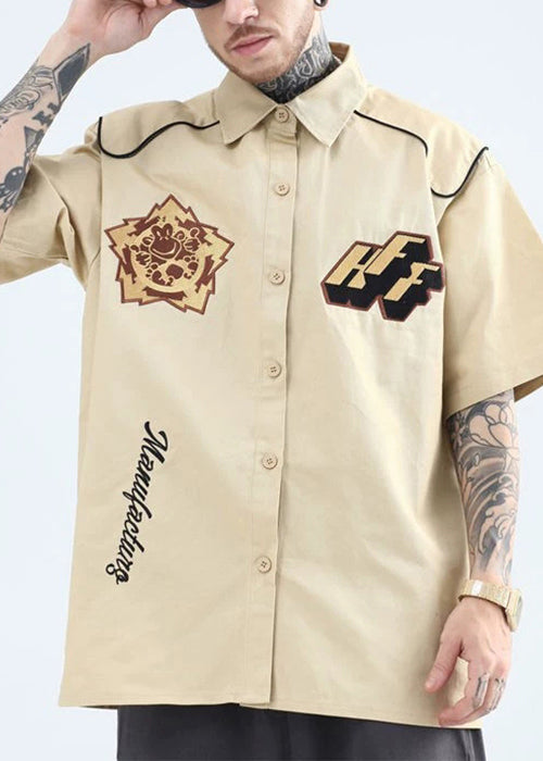 Collar Pan Print Yellow Summer Mens French Peter Cotton Shirts