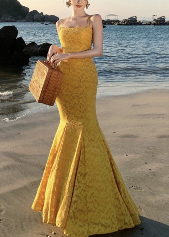 Dress Print Maxi Fishtail Strap Spaghetti Yellow French