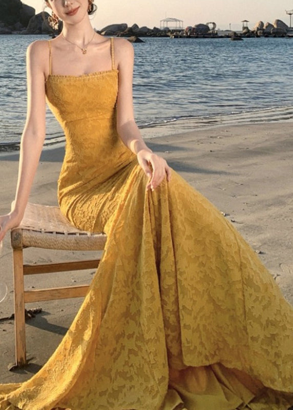 Dress Print Maxi Fishtail Strap Spaghetti Yellow French