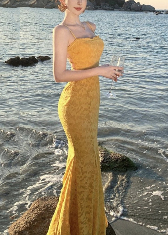 Dress Print Maxi Fishtail Strap Spaghetti Yellow French