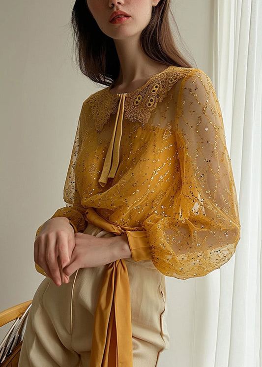 French Yellow Sequins Patchwork Tulle Shirt Long Sleeve OP1067