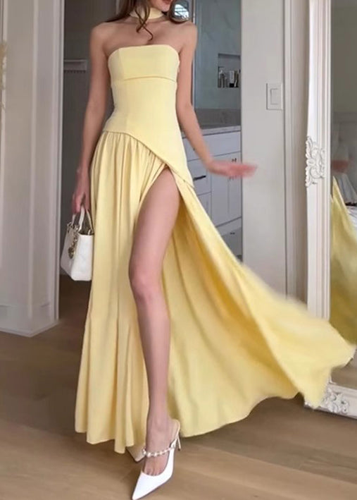 French Yellow Patchwork Side Open Strapless Summer Dress