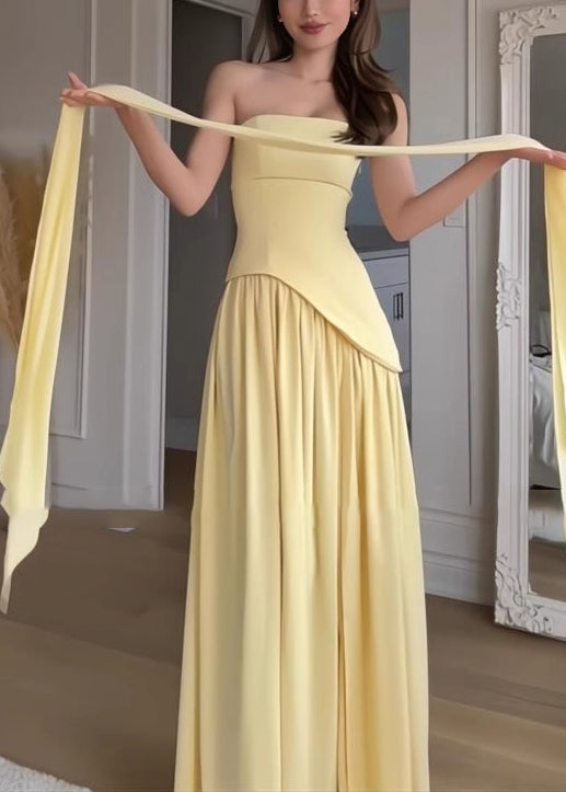 French Yellow Patchwork Side Open Strapless Summer Dress