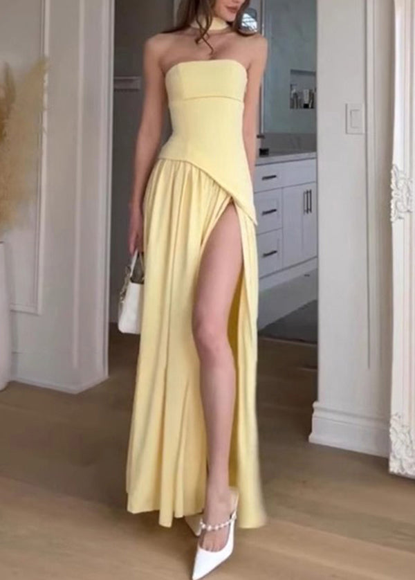 French Yellow Patchwork Side Open Strapless Summer Dress