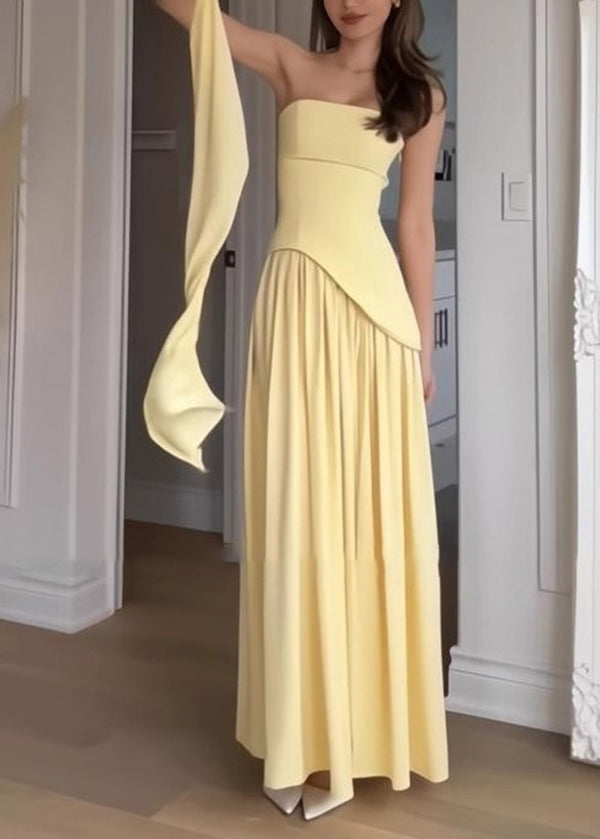 French Yellow Patchwork Side Open Strapless Summer Dress