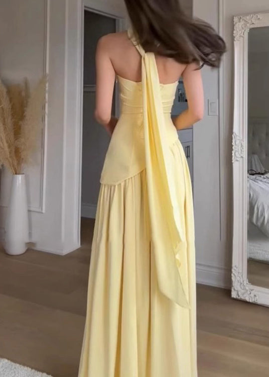 French Yellow Patchwork Side Open Strapless Summer Dress