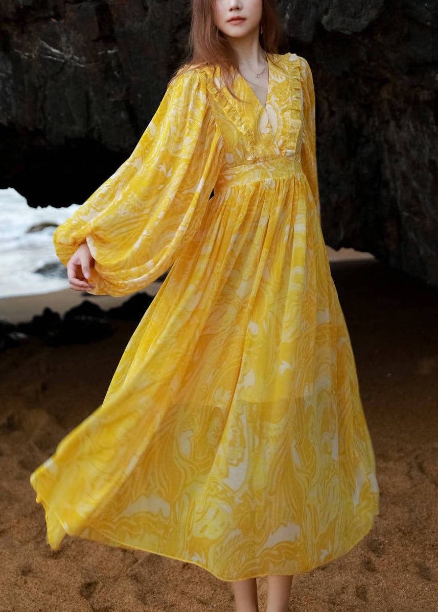 Yellow Neck Maxi Chiffon Tie Lantern French Waist V Print Dresses