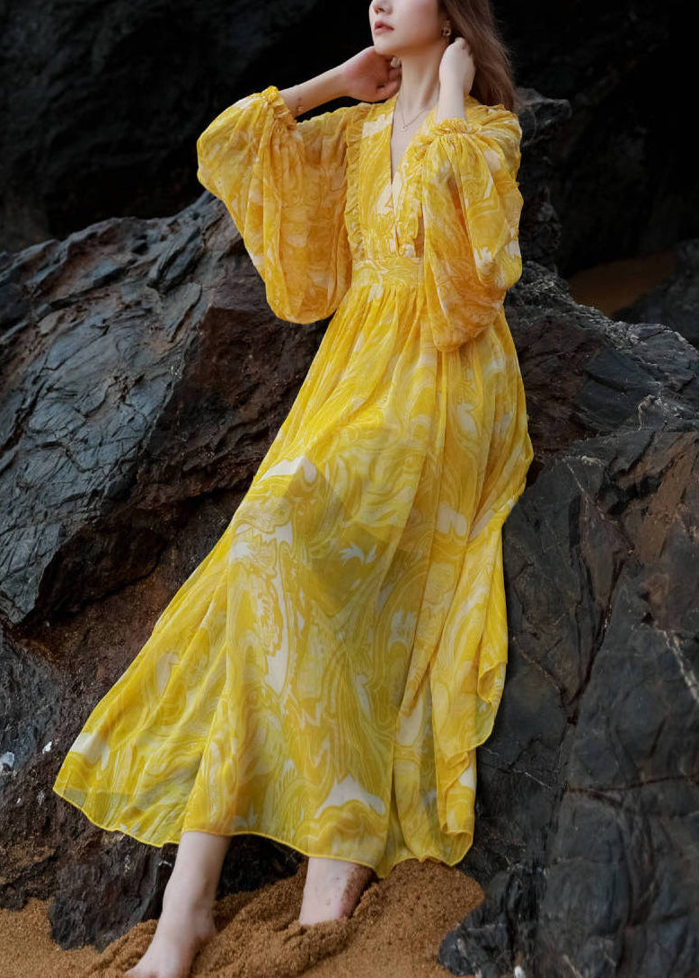 Yellow Neck Maxi Chiffon Tie Lantern French Waist V Print Dresses