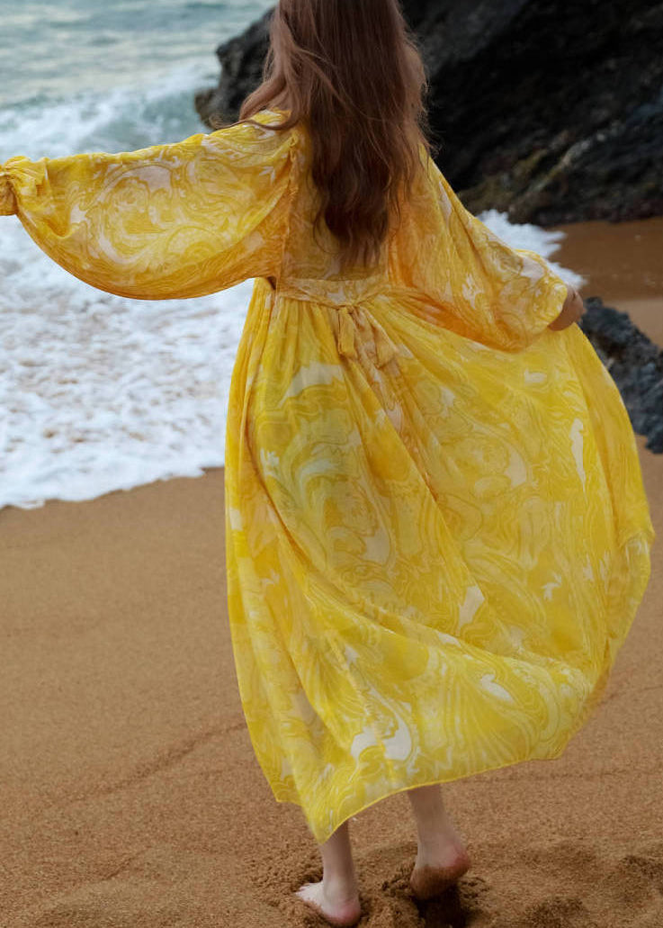 Yellow Neck Maxi Chiffon Tie Lantern French Waist V Print Dresses