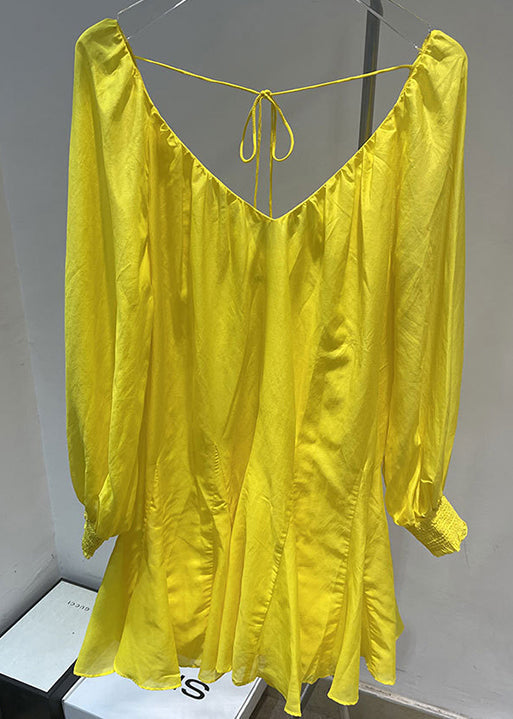 French Yellow V Neck Sexy Cotton Mid Dress Fall RU017