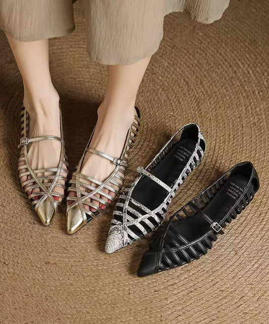 Splicing Cowhide Gold Sandals Toe Out Leather Hollow Pointed