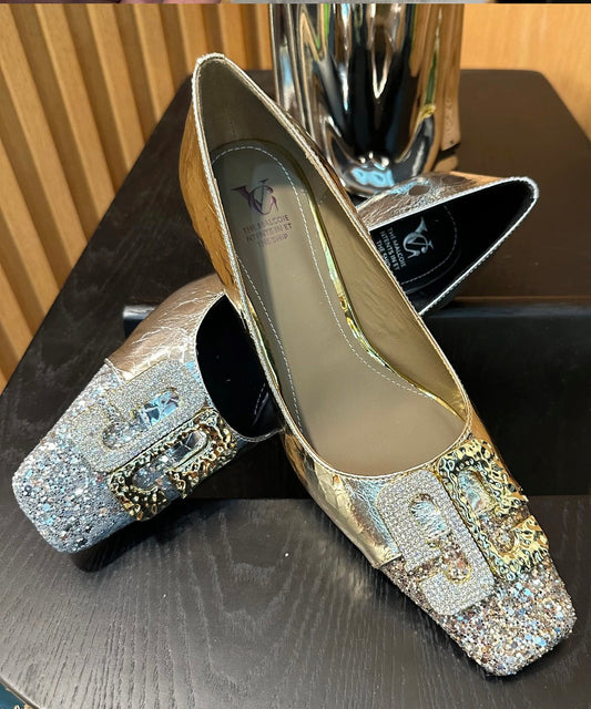 Heels Toe Square Splicing Zircon Chic Chunky Gold High