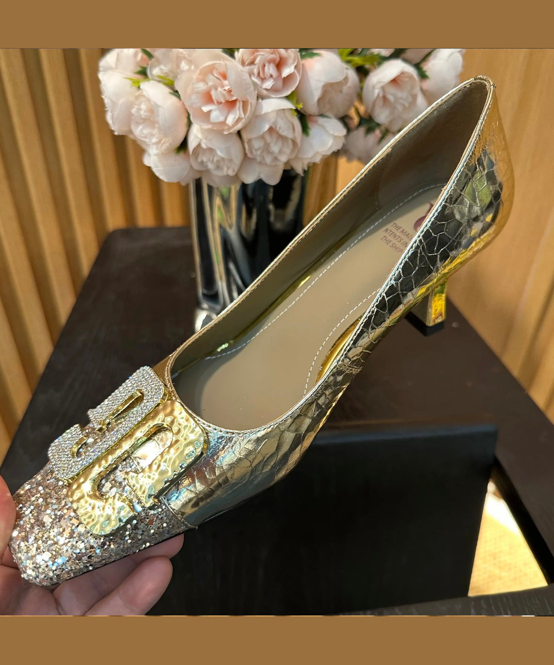 Heels Toe Square Splicing Zircon Chic Chunky Gold High