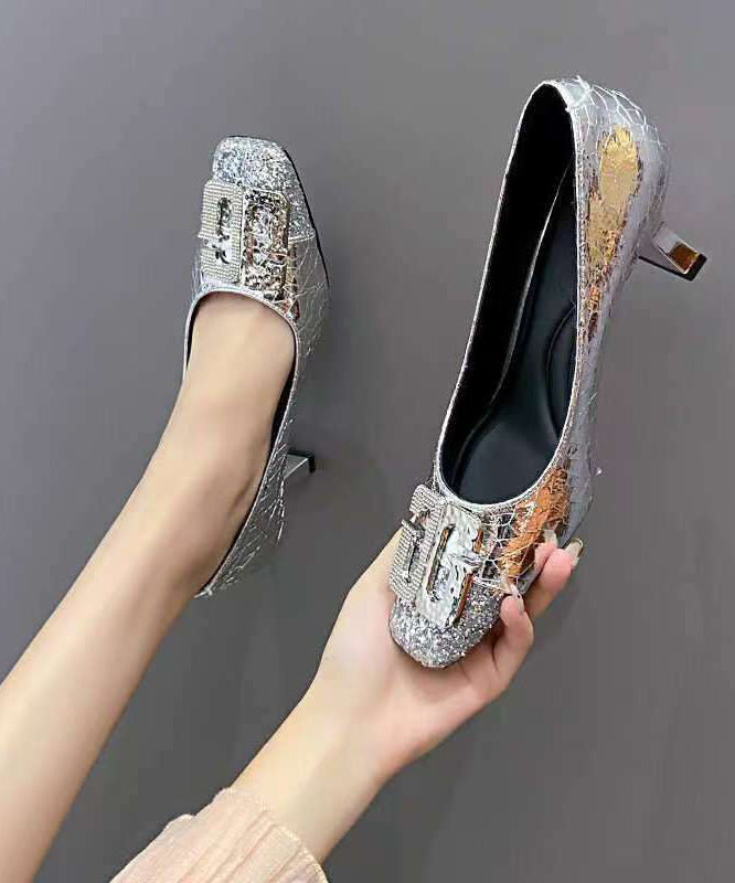 High Gold Toe Splicing Chunky Heels Square Zircon Chic