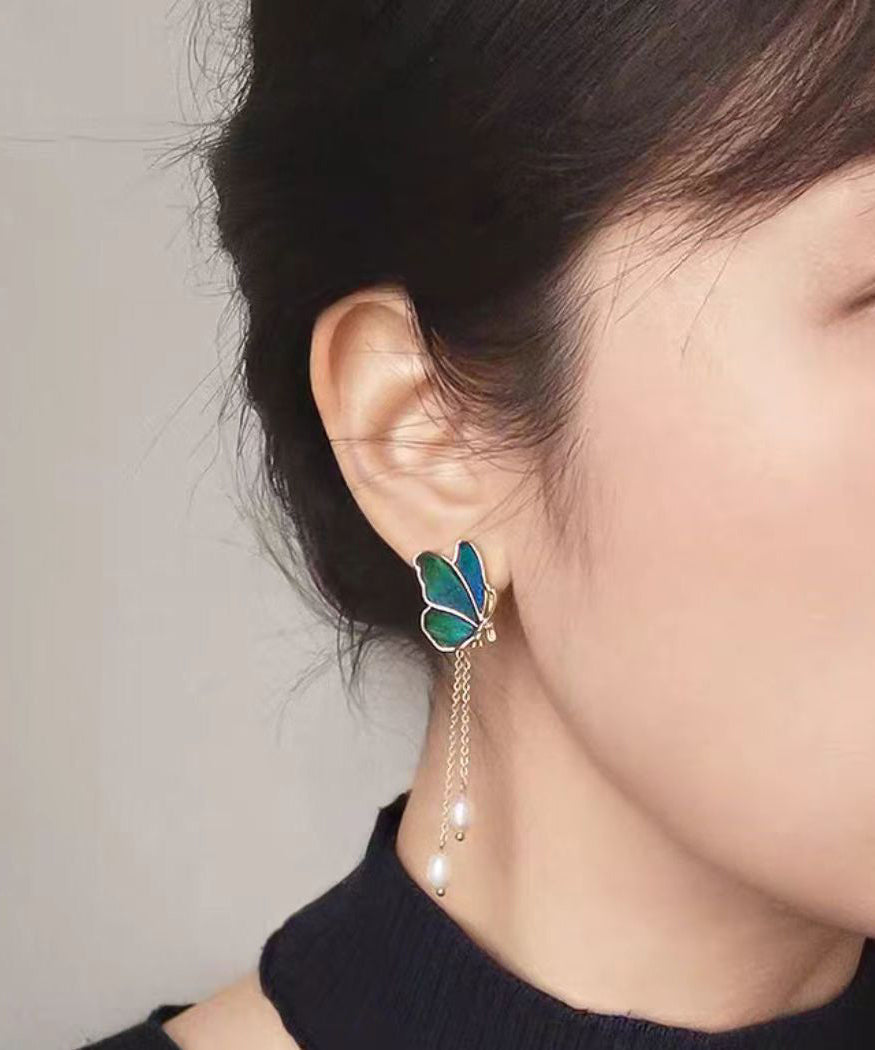 Copper Color Butterfly Gradient Pearl Overgild Tassel Drop Blue