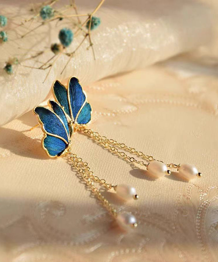 Copper Color Butterfly Gradient Pearl Overgild Tassel Drop Blue