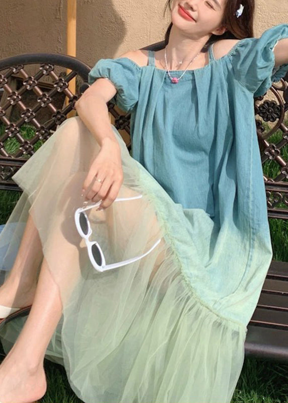 Farbverlauf Blau Tüll Patchwork Spaghettiträger Langes Kleid Kurzarm UU1025