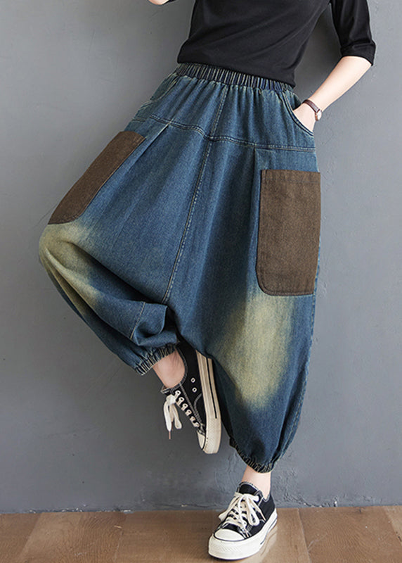 Color Summer Blue Harem Elastic Denim Waist Gradient Pants