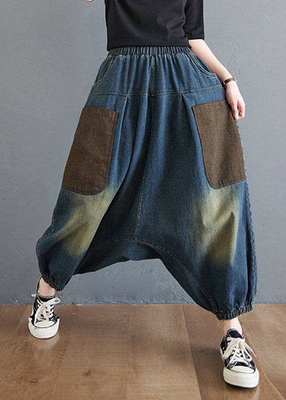 Color Summer Blue Harem Elastic Denim Waist Gradient Pants