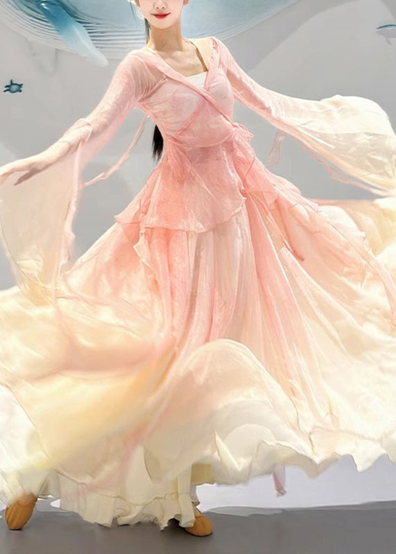 Silk Pink Gradient Pieces Two V And Maxi Top Color Neck Skirts