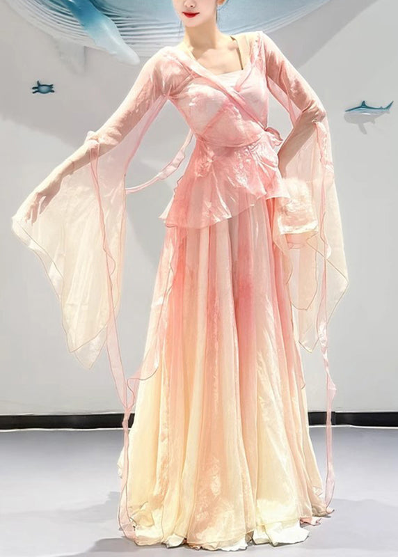 Silk Pink Gradient Pieces Two V And Maxi Top Color Neck Skirts