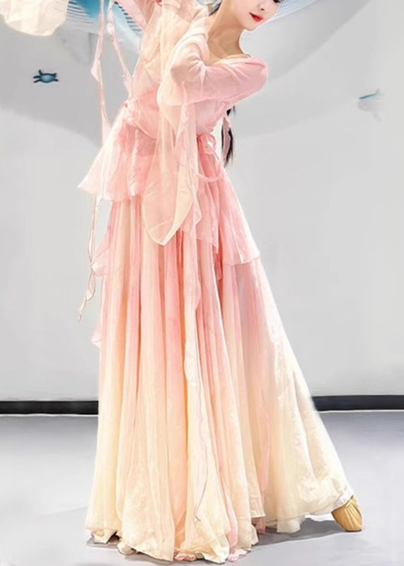 Silk Pink Gradient Pieces Two V And Maxi Top Color Neck Skirts