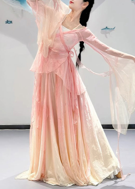 Silk Pink Gradient Pieces Two V And Maxi Top Color Neck Skirts