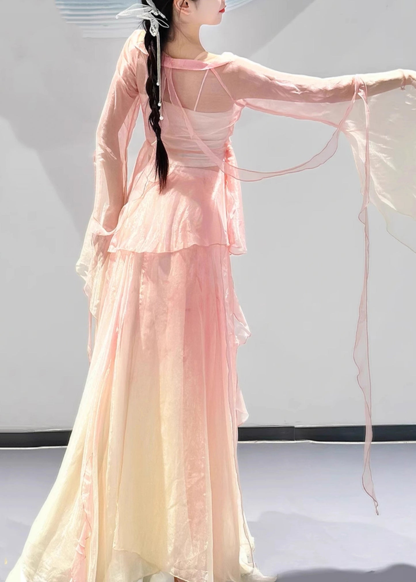 Silk Pink Gradient Pieces Two V And Maxi Top Color Neck Skirts