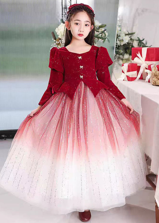 Girls Wrinkled Red Tulle Long Dress Color Patchwork Gradient