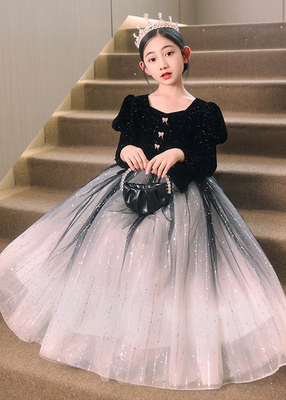 Girls Wrinkled Red Tulle Long Dress Color Patchwork Gradient