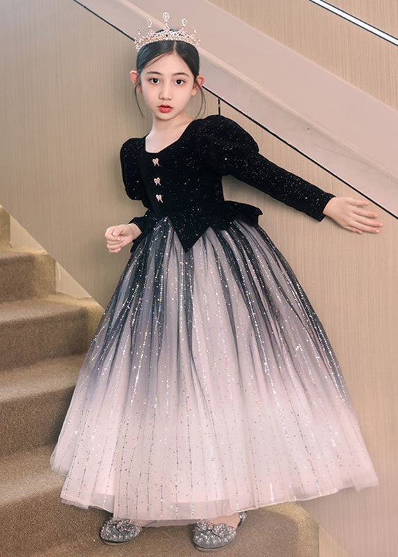 Girls Wrinkled Red Tulle Long Dress Color Patchwork Gradient