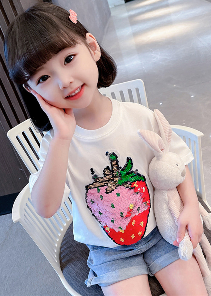 Gradient Color White O-Neck Strawberry Print Girls T Shirts Short Sleeve YU1069