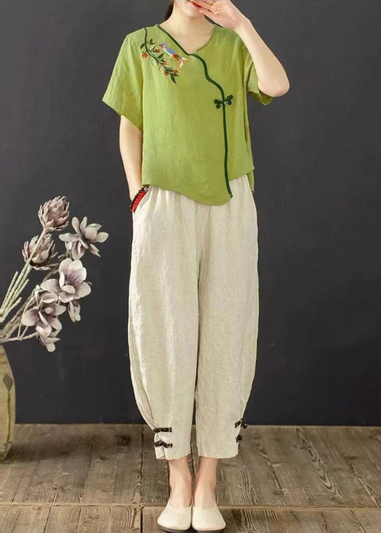 Grass Suit Two Oriental Summer Piece Embroidered Green Set