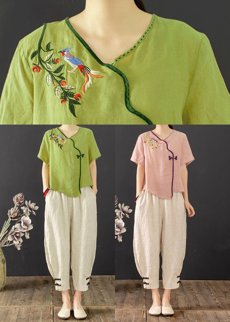 Grass Suit Two Oriental Summer Piece Embroidered Green Set
