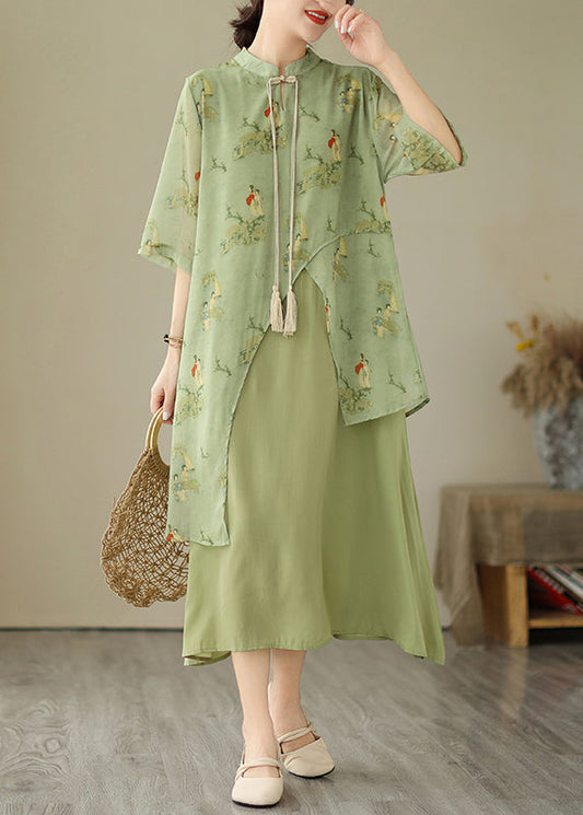 Grass Two Green Dresses Tasseled Asymmetrical Print Fake Piece