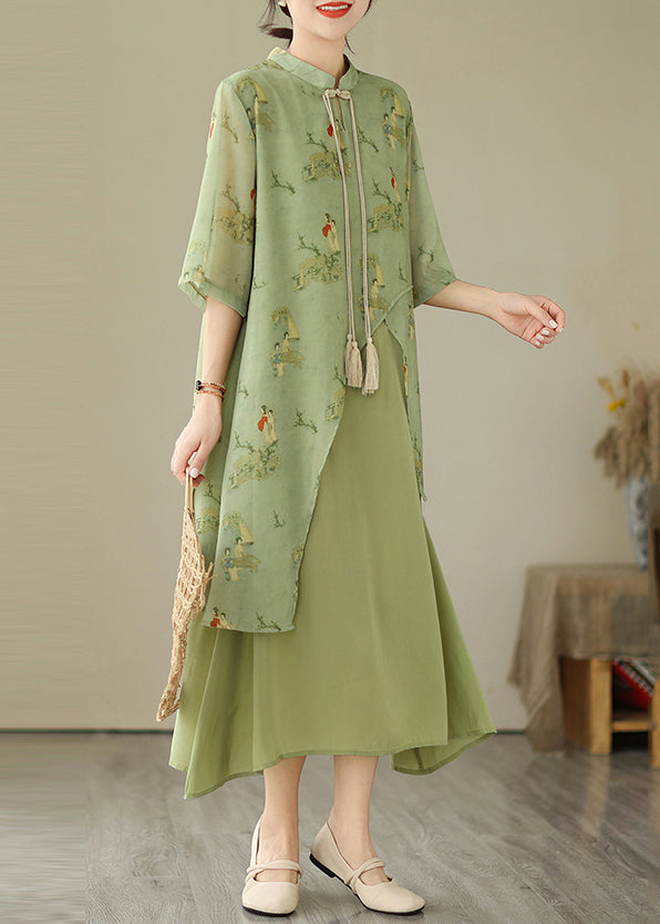 Grass Two Green Dresses Tasseled Asymmetrical Print Fake Piece