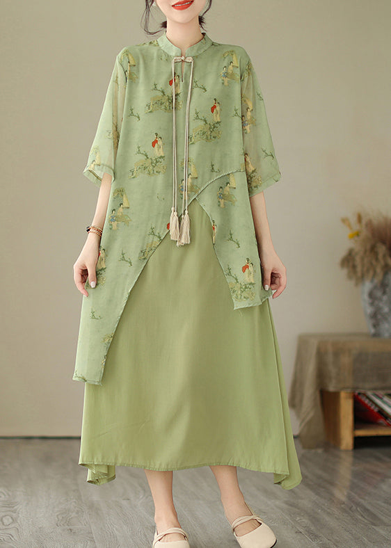 Grass Two Green Dresses Tasseled Asymmetrical Print Fake Piece