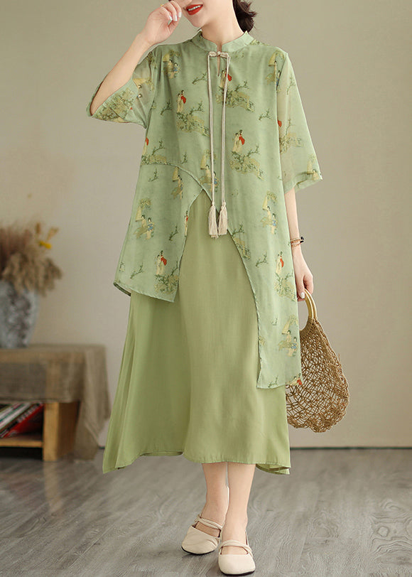 Grass Two Green Dresses Tasseled Asymmetrical Print Fake Piece